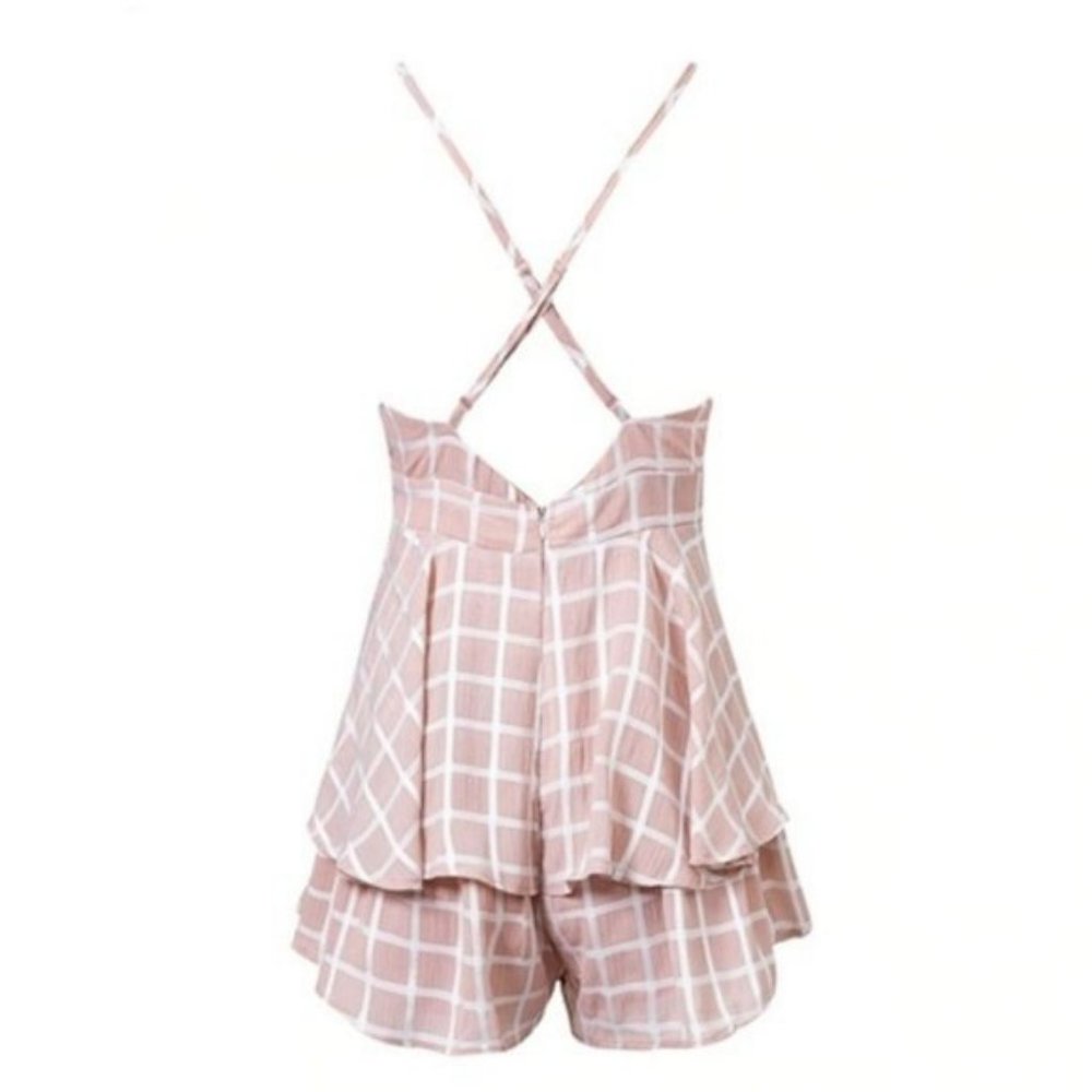 belted blush pink cami surplice ruffle hem romper - Picture 3 of 3